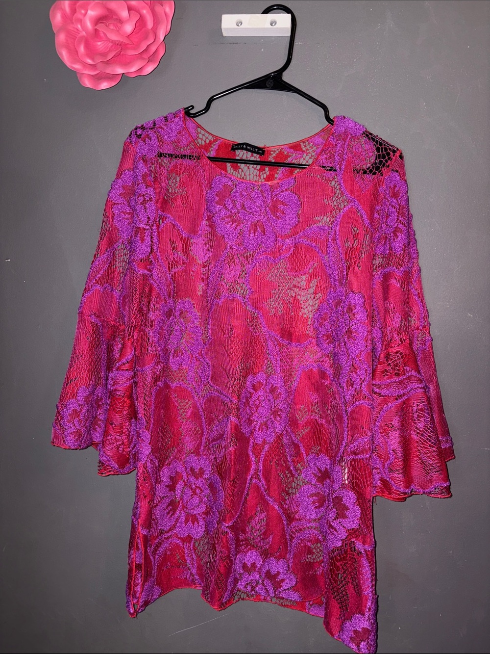 Bally & Millie Fuchsia Pink Lace Flare Blouse- Large